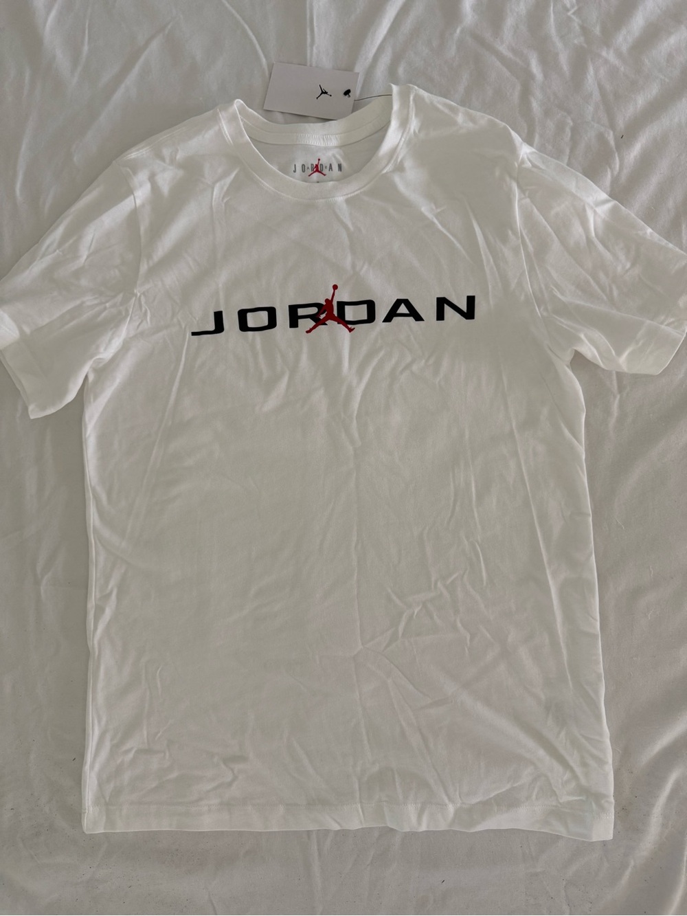 Jordan Mens Sz S, M White Short-Sleeve Tee with Black and Red Logo